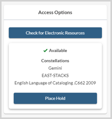 Screenshot of the Access Options in WorldCat Discovery displaying a single location